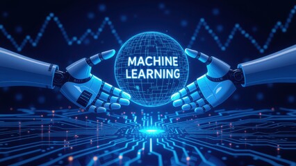 Robot hands holding 'Machine Learning' text on circuit board background