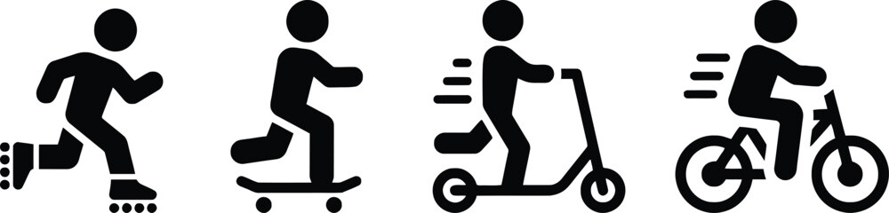 rollerblading, skateboarding, electric scooter, bicycle, transport, sport, recreation, movement, activity, fitness, urban, city, transportation, icon, symbol, silhouette, black and white, graphic, des