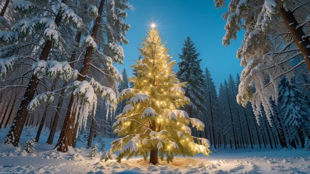 Sparkling Christmas tree stands in a snow-laden forest. Winter wonderland scene with camera panning and tilting movements.