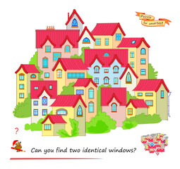Can you find two identical windows? Game Seek and Find. Logic puzzle for children and adults. Page for kids brain teaser book. Task for attentiveness. IQ test. Hand drawn flat vector illustration.