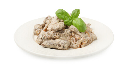 Tasty beef Stroganoff with basil isolated on white