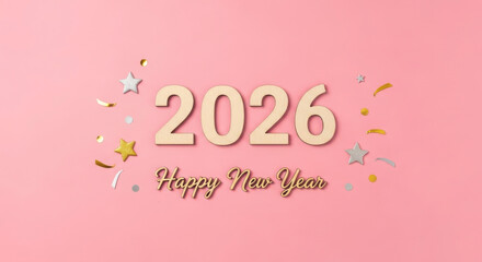Naklejka premium Happy New Year 2026 Celebration with Confetti and Stars on Pink Background