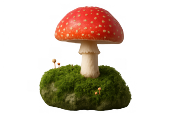 Fly agaric mushroom growing on a mossy patch, a classic symbol of fantasy, nature, and magic with a transparent background
