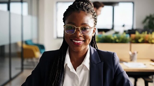 confident african american businesswoman in glasses working on laptop in modern office. professional employee at her desk. corporate career and success concept.