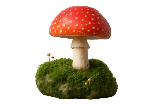 Fly agaric mushroom growing on a mossy patch, a classic symbol of fantasy, nature, and magic with a transparent background