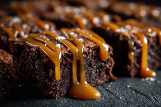 Decadent chocolate brownies drizzled with flowing caramel sauce and flaky sea salt on a dark surface