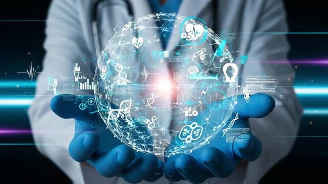 Scientist presents futuristic medical data sphere with glowing DNA and brain icons - Powered by Adobe