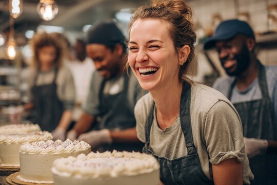 Joyful young woman baker laughing openly surrounded by delicious frosted cakes in a bustling kitchen