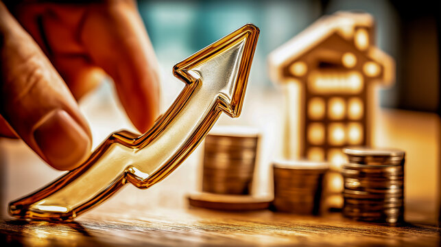 住宅価格の高騰と投資の成功　お金の積み重ねと家のシンボル