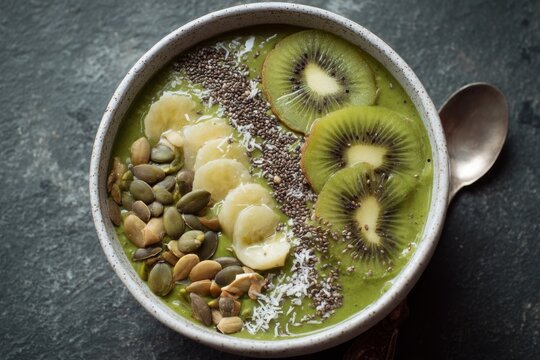 Wholesome green smoothie bowl featuring sliced kiwi, bananas, chia seeds, and pumpkin seeds
