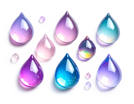 キラキラのオーロラカラーに輝く透明な雫型ジェルドロップの幻想アート ガラスの水滴 3Dレンダリング ジェネレーティブAI