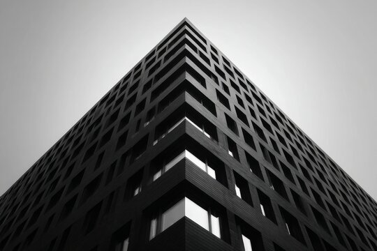Modern high rise building with dark textured facade and striking geometric corner against a clear sky