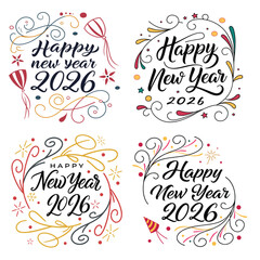 SET OF Happy New Year 2026 Lettering With Decorative Elements