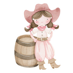 Pink Cute Cowgirl Standing by Wooden Barrel Illustration with Soft Pastel Western Aesthetic and Charming Ranch Details