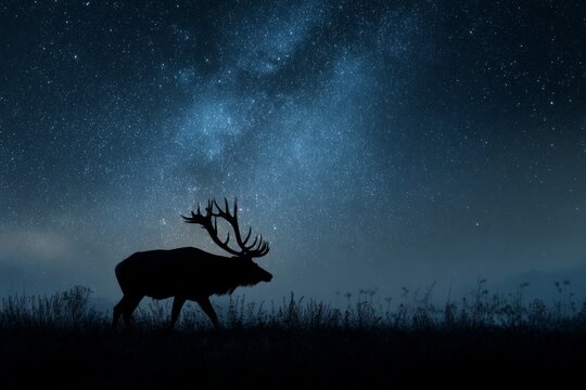 Wild stag silhouette walking under a breathtaking starry night sky with visible Milky Way galaxy