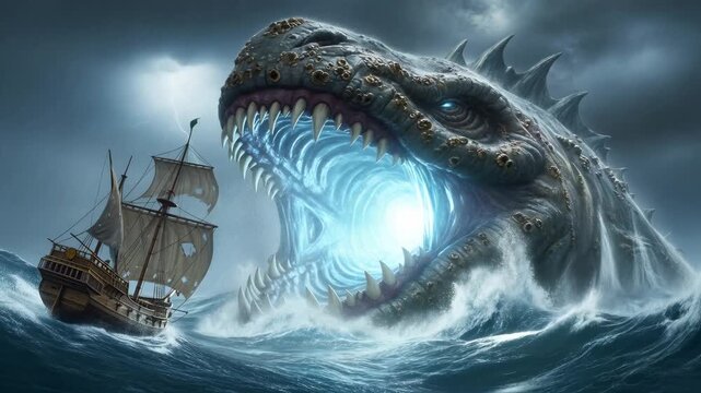A ship on a stormy sea facing an emerging sea monster with glowing mouth, a fantasy sea adventure concept.