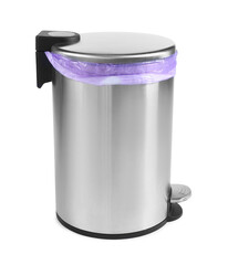 One metal trash bin with plastic bag isolated on white