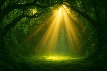 Naklejka premium Golden Sunshaft Jungle Canopy Cinematic Background