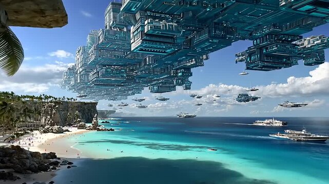 Futuristic tropical paradise with floating cities and luxury yachts cruising turquoise waters, a stunning vision of utopia and advanced technology