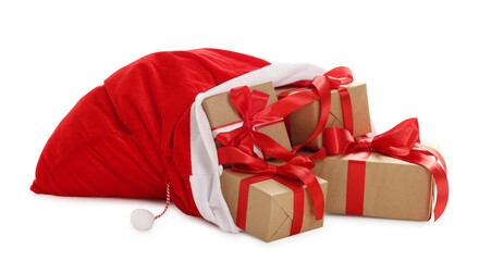 Santa Claus bag with Christmas gifts isolated on white