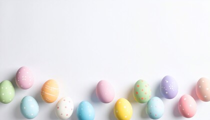 Colorful Easter eggs arranged on a white background for a festive springtime greeting or design
