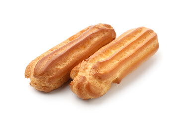 Tasty eclairs isolated on white. Delicious dessert