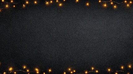 The image features a dark textured background with warm, glowing yellow string lights arranged around the edges, creating a cozy, festive atmosphere.