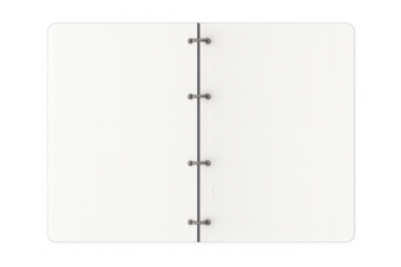 Blank open ring binder notebook with empty white paper pages on transparent background, stationery mockup