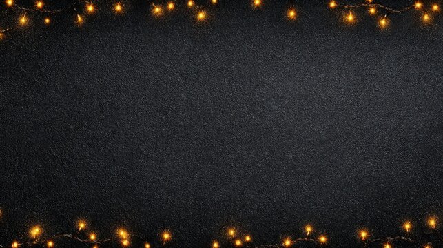 The image features a dark textured background with warm, glowing yellow string lights arranged around the edges, creating a cozy, festive atmosphere.