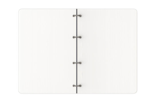 Blank open ring binder notebook with empty white paper pages on transparent background, stationery mockup