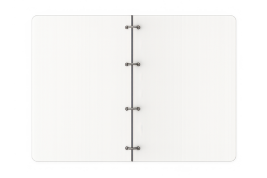 Blank open ring binder notebook with empty white paper pages on transparent background, stationery mockup