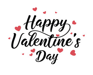 Elegant Happy Valentines Day Calligraphy with Red Hearts on White Background for Greeting Cards and Decorations