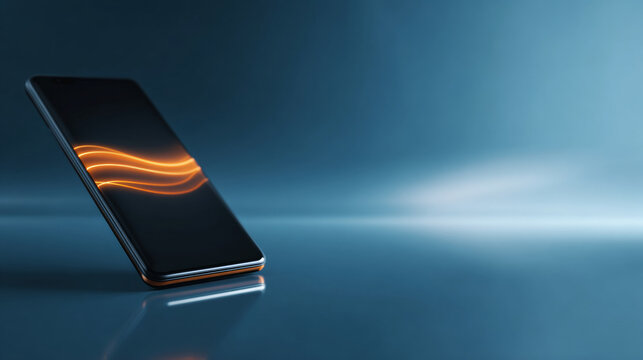 A sleek, modern smartphone with a glowing orange line on the screen is displayed against a blue background