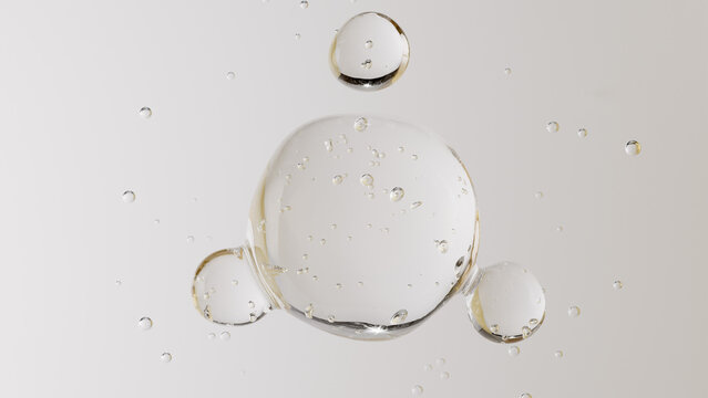 Oxygen bubbles merge into one sphere. Cell fusion, collagen synthesis or formula stabilization. Skin recovery and repair concept. hydrating skincare ads, hyaluronic acid. 3d rendering