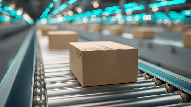 A cardboard box on a conveyor belt in an automated warehouse