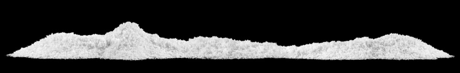 Heap of white snow isolated on a black background. Pile of fluffy white snow. Christmas night. Long...