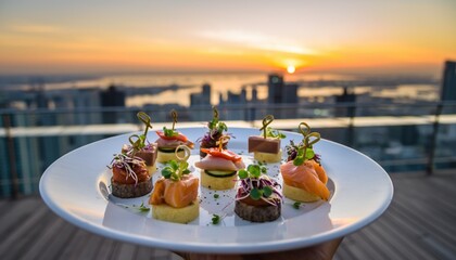 Exquisite sunset canapes: a taste of gourmet delights with cityscape views