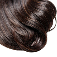 Close-up shot of luxurious, shiny, dark brown wavy hair isolated on black.