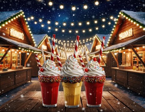Festive milkshake trio at a christmas market with twinkling lights and snowflakes - Powered by Adobe