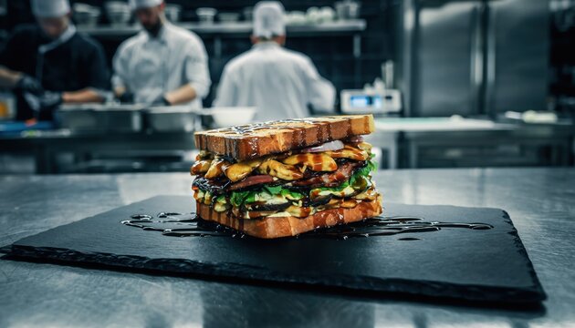 Gourmet sandwich in modern kitchen setting with chefs working in background