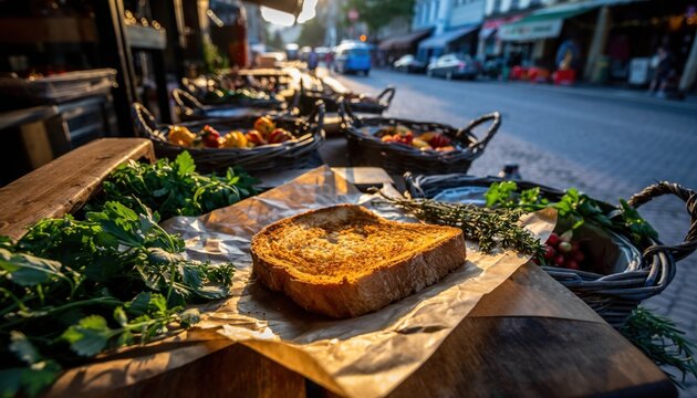 Rustic market morning: fresh baked bread amidst herbs and local produce on cobblestone street