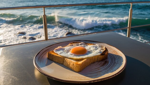 Sunny side up egg on toast with ocean view on a sunny morning - Powered by Adobe