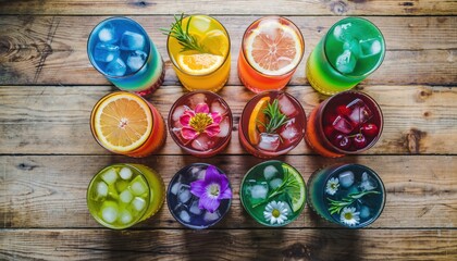 Colorful assorted fruit and herb infused beverages with ice on wooden background