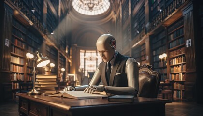 Ai robot studying in antique library with sunlight streaming through large window