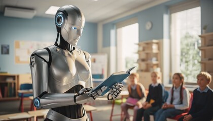 Futuristic robot teaching young students in a classroom setting