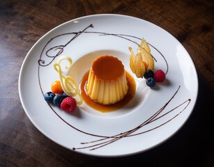 Elegant caramel flan dessert garnished with berries and chocolate on artistic plate