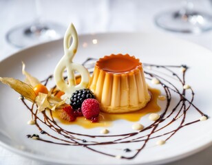 Elegant dessert presentation with caramel flan and fresh berries