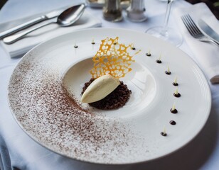 Elegant dessert plate with vanilla ice cream, chocolate, and caramel decoration on white table setting