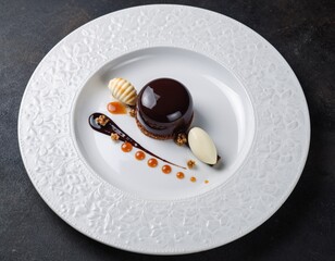 Luxurious chocolate dessert with artistic presentation on elegant white plate