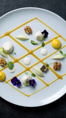Geometric culinary art: gourmet plating with whimsical design and vibrant colors